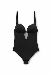 Svart bodysuit med vadderade kupor, justerbara band och ett genomskinligt meshinsats i mitten. Stängning i botten med en tryckknappsmekanism.