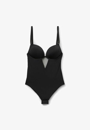 Black bodysuit featuring padded cups, adjustable straps, and a sheer mesh insert at the center. Closure at the bottom with a snap mechanism.