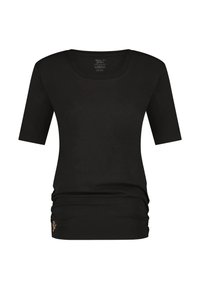 Svart kortärmad T-shirt i mjukt tyg, med rundad halsringning, rynkad detalj i botten och subtil logotyp i kontrasterande färg.