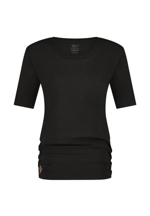 Schwarzes T-Shirt mit kurzen Ärmeln aus weichem Stoff, mit Rundhalsausschnitt, gerafftem Detail am Saum und subtiler Markenkennzeichnung in einer kontrastierenden Farbe.