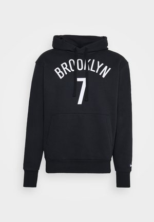 Czarna bluza z kapturem z napisem "BROOKLYN" i numerem 7 w białym kolorze z przodu, z sznurkami i kieszenią z przodu.