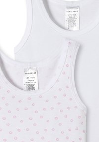 Deux débardeurs pour enfants en coton bio : un uni blanc et un blanc avec de petits points roses. Les deux ont des encolures arrondies et des étiquettes.