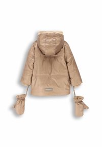 Brązowa i kremowa kurtka w kratę z kapturem, z elastycznymi mankietami, regulowanymi rękawiczkami przymocowanymi sznurkami oraz detalem z logo tekstowym.