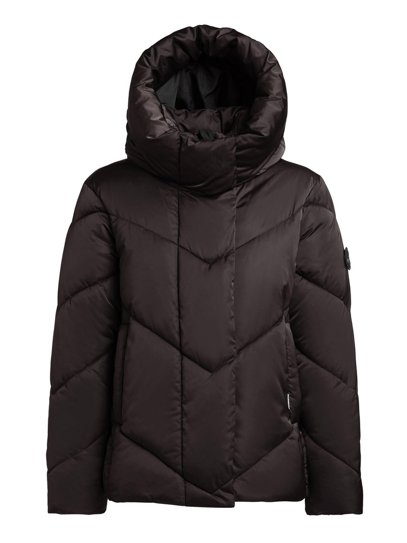 Polsterdatud must jope kõrge, struktureeritud kapuutsiga. Omadusteks on teemantmustriga õmblused ja küljetaskud. Sile, läikiv viimistlus.