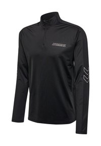 Schwarzes langärmliges Sportoberteil mit Viertelreißverschluss, "HUMMEL"-Logo auf der Brust und Chevron-Design auf den Ärmeln.
