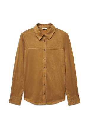 Brown, soft fabric shirt with a collar, front buttons, and a chest seam detail. Long sleeves with buttoned cuffs, rounded hemline.