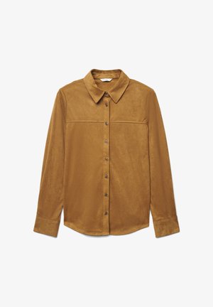 Brown, soft fabric shirt with a collar, front buttons, and a chest seam detail. Long sleeves with buttoned cuffs, rounded hemline.