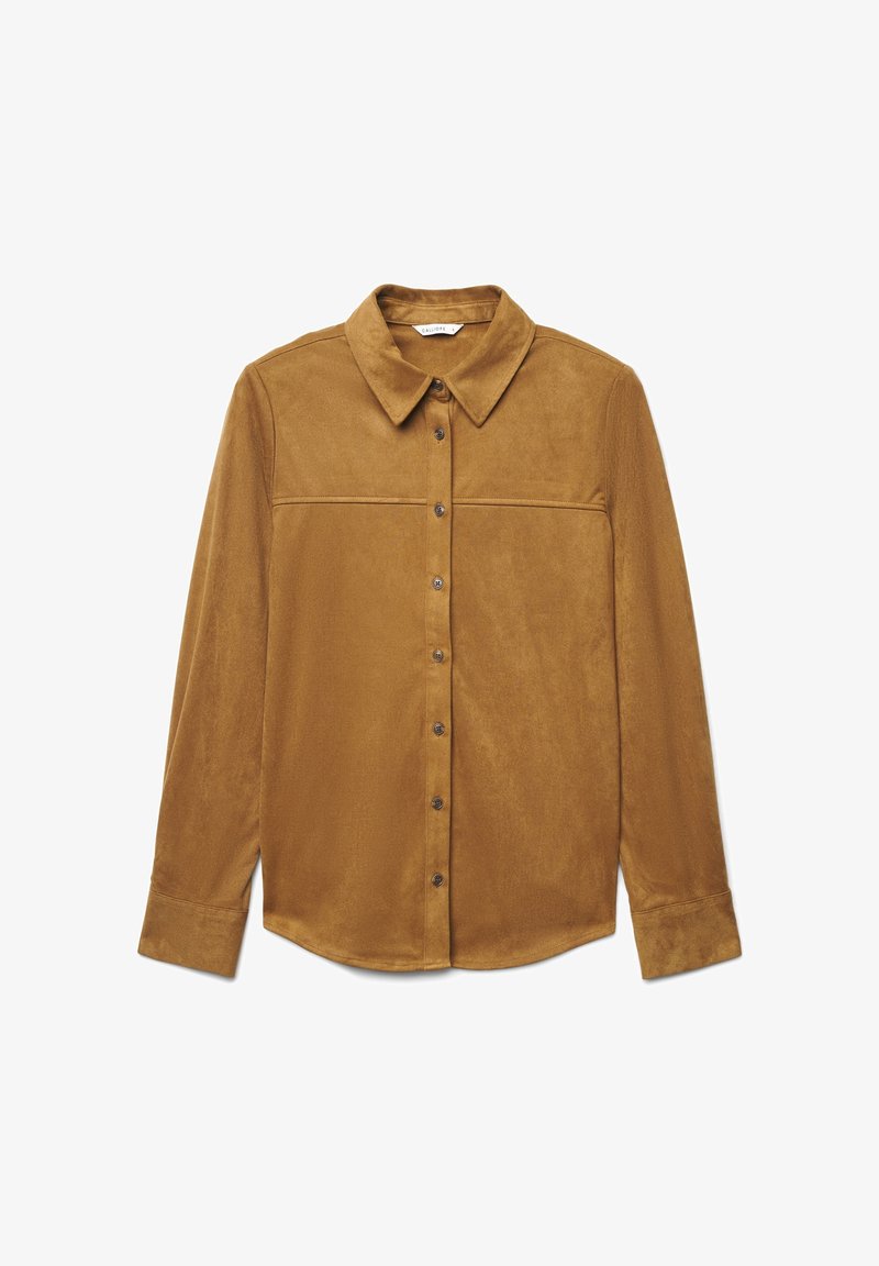 Braunes, weiches Hemd aus Stoff mit Kragen, vorderen Knöpfen und Brustnahtdetail. Lange Ärmel mit knöpfbaren Manschetten, abgerundeter Saum.