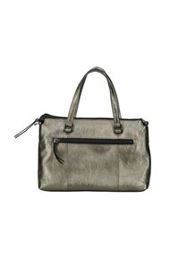 Sac à main gris métallisé avec deux poignées, une fermeture éclair en haut, et une poche zippée à l'avant avec des tirettes.