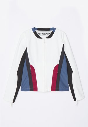 Zippelhető dzseki, fehér, tengerészkék és burgundy panelek keverékével. Simább anyag, hosszú ujjú, kerek fekete gallérral.