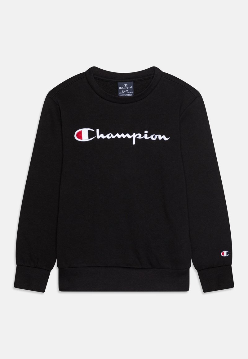 Sweat-shirt noir en coton, avec un logo "Champion" blanc brodé sur la poitrine et un petit logo sur la manche.