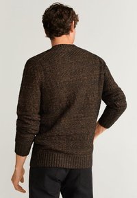Texturiertes braunes Strickpullover mit Rundhalsausschnitt, gerippten Ärmelbündchen und Saum. Das Muster umfasst subtile Farbvariationen und eine lockere Passform.