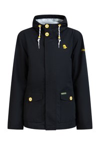 Fekete vízálló dzseki kapucnival, sárga gombokkal, két elülső zsebbel és logóval a mellkason. Állítható zsinórok és struktúrált anyag részlete.