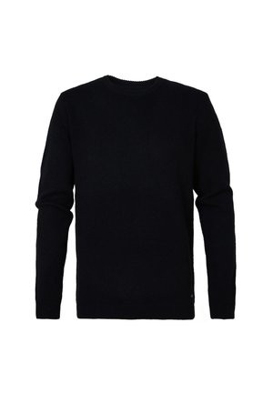 Pull noir à col rond en tissu doux et texturé ; manches longues avec poignets côtelés ; design minimaliste ; sans logos ni motifs visibles.