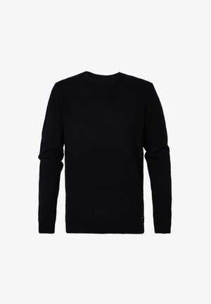 Pulover negru, cu gât rotund, fabricat dintr-un material moale și texturat; mâneci lungi cu manșete ribbate; design minimal; fără logo-uri sau modele vizibile.