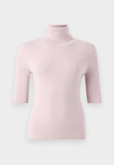 Světle růžový krátký rukáv rolák s žebrovanou texturou, s úzkým střihem a hladkým povrchem.