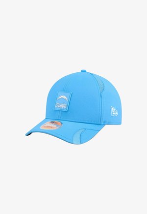 Light blue baseball cap made of fabric, featuring a Los Angeles Chargers logo patch on the front and mesh accents on the sides.