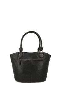 Zwarte leren tote bag met twee ronde handvatten, voorzien van een voorvak met rits en subtiele stikdetails. Glad textuur, ruim ontwerp.
