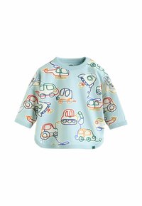 Sweatshirt bleu clair avec des impressions de véhicules colorées et en contours, y compris des voitures et des hélicoptères. Matière douce avec un col rond et des manches longues.