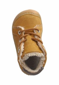 Braune Wildleder-Kinderstiefel mit Kunstfellfutter, Schnürdesign, Gummisohle und genähten Akzenten. Runde Zehenpartie und gepolsterter Kragen.