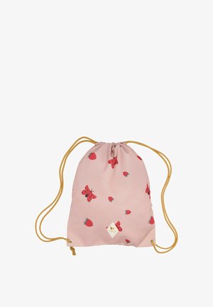 Ružový batoh na šnúrku z tkaniny, ozdobený červenými jahodami a lienkami. Má žltý sťahovací šnúrku a detail s diamantovým logom.