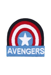 Berretto di lana con un design multicolore che presenta strisce rosse, bianche e blu. Mostra una stella bianca e il testo "AVENGERS" in grassetto bianco.