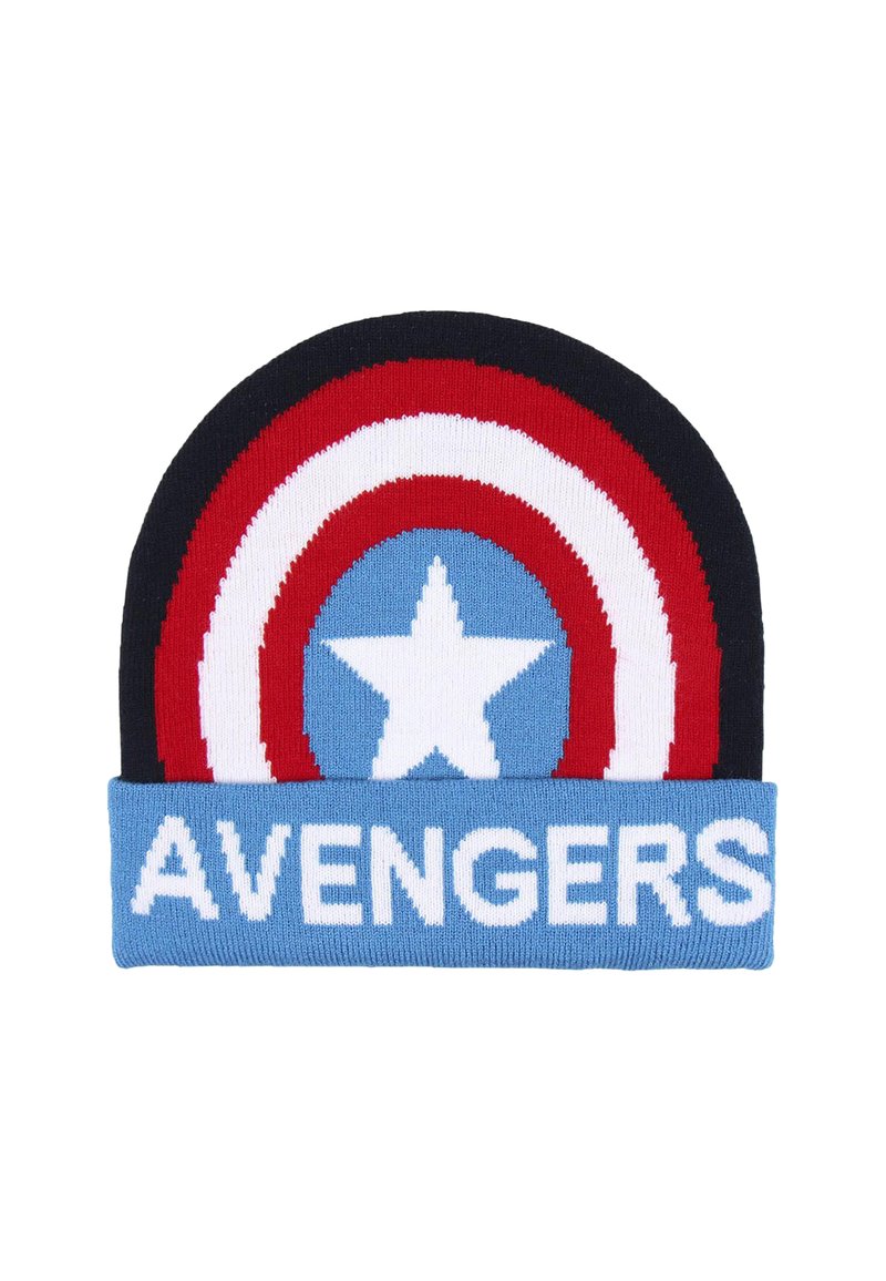 Berretto di lana con un design multicolore che presenta strisce rosse, bianche e blu. Mostra una stella bianca e il testo "AVENGERS" in grassetto bianco.