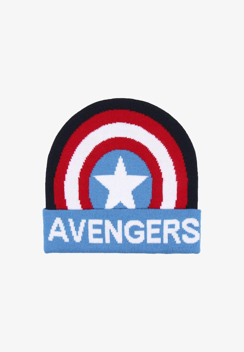 Berretto di lana con un design multicolore che presenta strisce rosse, bianche e blu. Mostra una stella bianca e il testo "AVENGERS" in grassetto bianco.