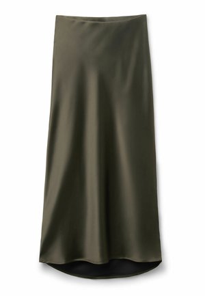 Olive green satin midi skirt with a slight A-line silhouette and subtle high-low hem.