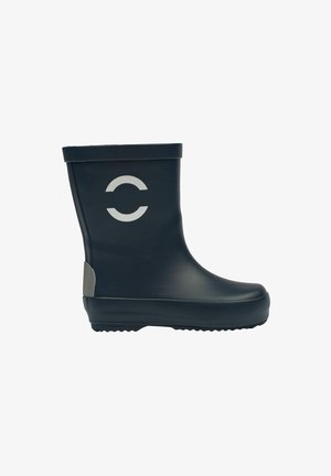 Botte de pluie en caoutchouc noire avec un orteil arrondi, accent arrière gris et un logo circulaire sur le côté. Semelle texturée pour une meilleure adhérence.