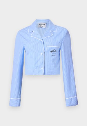 Gekürztes blau gestreiftes Schlafhemd mit langen Ärmeln, weißen Paspeln und einer Brusttasche mit einem schwarzen Moschino Jeans-Logo.