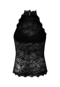 Schwarzes ärmelloses Spitzentop mit Blumenmuster, hohem Halsausschnitt und Knopfverschluss auf der Rückseite.