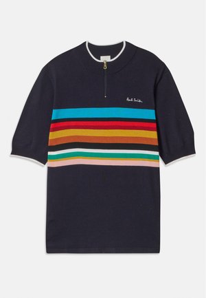Navy short-sleeve pullover featuring a half-zip collar, multicolored horizontal stripes in red, orange, green, and blue, with white accents.