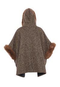 Brun hundtandsmönstrad poncho med huva, prydd med faux pälsdetaljer på ärmarna. Mjuk textur och oversize-design som ger värme.