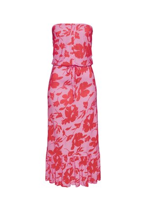 Strapless pink dress with large red floral pattern, gathered bodice, drawstring waist, and a ruffled hem. Made of lightweight fabric.