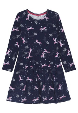 Sukienka z długim rękawem w granatowym materiale z nadrukiem jednorożca i gwiazd, plisowaną spódnicą oraz okrągłym dekoltem z kontrastowym wewnętrznym kołnierzykiem.