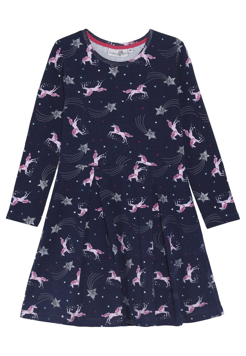 Tummansininen pitkähiha mekko, jossa on yksisarvis- ja tähtikuvio, laskostettu hame sekä pyöreä pääntie, jossa on kontrastivärinen sisäkaulus.