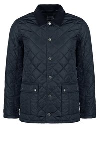 Marinblå quiltad jacka med knappstängning, två framfickor och kontrasterande krage. Har ett diamantsmönster och sl�ät textur.