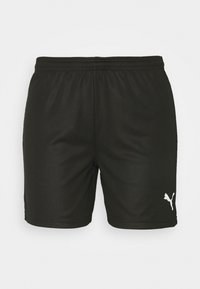 Pantalones cortos deportivos negros con una cinturilla elástica y textura suave, con un logo blanco de Puma en la parte inferior izquierda.