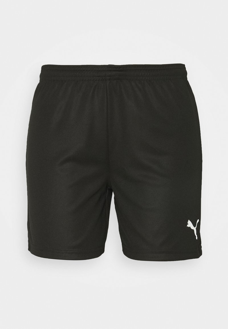 Pantalones cortos deportivos negros con una cinturilla elástica y textura suave, con un logo blanco de Puma en la parte inferior izquierda.