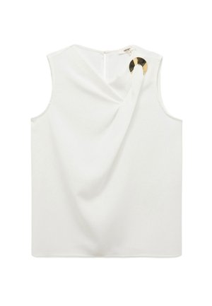 Top bianco senza maniche con un design drappeggiato e un accento in hardware dorato vicino alla spalla. Tessuto morbido, chiusura con zip sul retro.