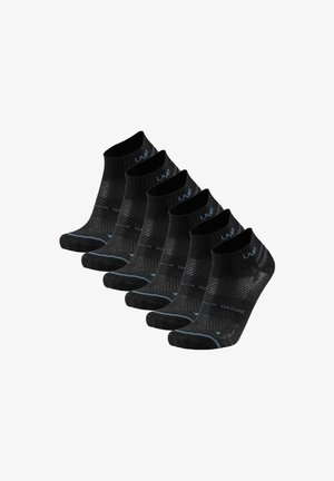 Chaussettes noires mi-mollet, paquet de six, avec un motif texturé, un pied renforcé et des accents bleu clair sur le revers et les côtés.