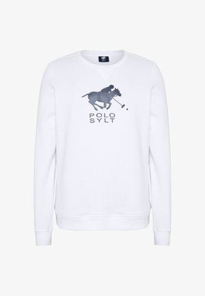 White sweatshirt featuring a navy blue polo player graphic and "POLO SYLT" text below. Soft fabric with ribbed cuffs and crew neckline.