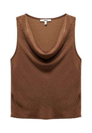 Bruine mouwloze top met een cowl-neklijn, gemaakt van een gladde stof, met een losse pasvorm en een subtiele textuur overal.