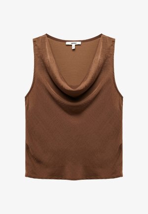 Bruine mouwloze top met een cowl-neklijn, gemaakt van een gladde stof, met een losse pasvorm en een subtiele textuur overal.