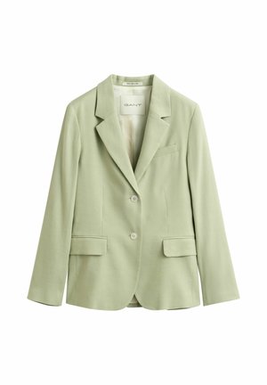 Lichtgroene op maat gemaakte blazer met inkeping revers, twee klepzakken aan de voorkant, borstzak met biezen en een sluiting met twee knopen.
