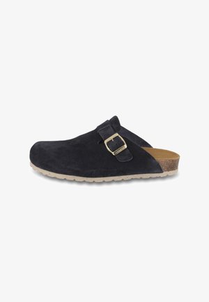 Black suede slip-on clog with adjustable buckle strap and light textured sole, designed for casual wear.