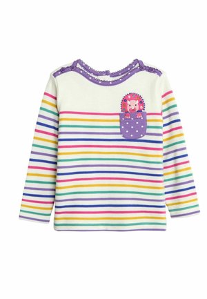 Langärmliges gestreiftes T-Shirt in Weiß, Lila, Grün, Pink und Gelb. Mit einer lila Tasche, die ein grafisches Tierdesign zeigt.