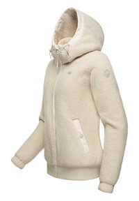 Cremefarbene Sherpa-Hoodie mit strukturiertem Oberflächen, Frontreißverschluss, zwei Seitentaschen, verstellbare Kapuze und gerippte Bündchen und Saum.