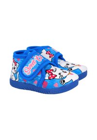 Zapatos infantiles azules con un upper de tela suave que presenta un patrón de gatos y corazones blancos, asegurados con una correa de velcro. Suela de goma.
